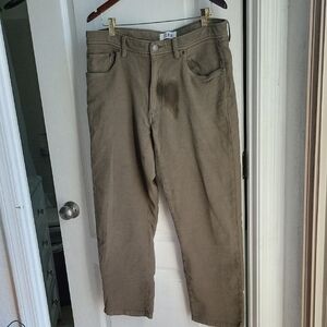 ROWM classic five-pocket 38 x 30 pants in olive green. Straight leg silhouette.